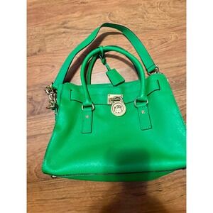 Michael Kors Satchel Handbag Green Leather Gold Hardware Top Handle Crossbody